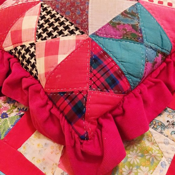 Vintage Patchwork Ruffle Pillow Bright Red Groovy Prints Flowers Stars Check BOH - Picture 5 of 12